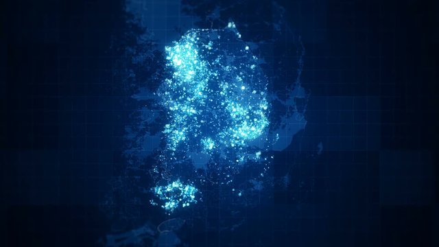 Looped animated South Korea map with visual effects and glowing lighting elements in different places at night  on the map. Perfect for slideshows, presentation, trailers, sci-fi openers and etc.