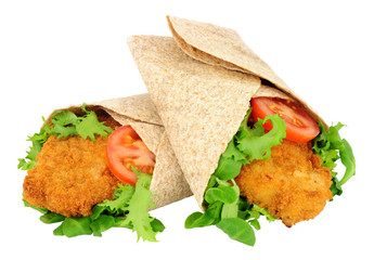 Southern fried chicken tortilla wraps isolated on a white background