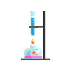 Spirit lamp with fire and glass test tube with blue liquid on stand. Laboratory equipment for science experiments. Modern flat design icon