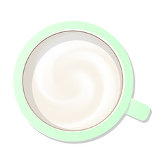 Green coffee cup top view with milk froth isolated on white background