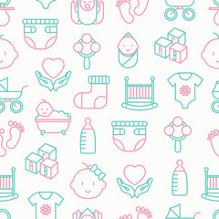 Baby care seamless pattern with thin line icons: newborn, diaper, pacifier, crib, footprints, bathtub with bubbles. Vector illustration for background.