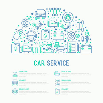 Car service concept in half circle with thin line icons of mechanic, computer diagnostics, tools, wheel, battery, transmission, jack. Modern vector illustration for banner, web page, print media.