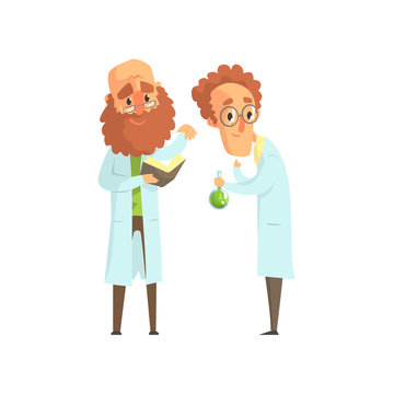 Flat vector illustration of two men scientists in laboratory. Bearded biologist with book, chemist with glass flask with green liquid
