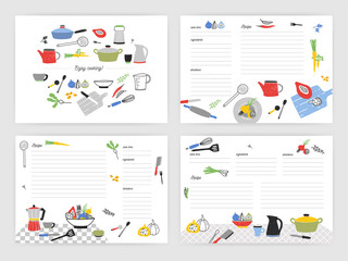 Collection of card templates for making notes about preparation of food. Blank recipe book or cookbook pages decorated with colorful kitchen utensils and cooking ingredients. Vector illustration.
