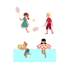 vector summer camp kids set. Caucasian girls and boys playing badminton holding rockets, swimming in water in river or pool with inflatable ring and ball. Isolated illustration white background