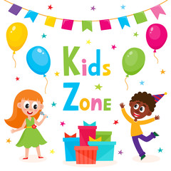 vector flat kids at party with confetti, flags, air balloons set. African Black boy in party hat dancing, girl in green dress singing at microphone near pile of present boxes. Isolated illustration