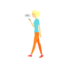 Fototapeta premium Smiling blonde woman character walking and typing text on her phone. Online dating service or website concept for promo. Vector illustration in flat style