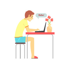 Smiling boy sitting at the table and chatting in love chat. Online dating service concept. Vector illustration in flat style isolated on white.