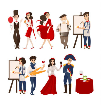 French characters, mimes, artists, Napoleon and Jane of Arc with cheese, baguette, wine as symbols of France, flat cartoon vector illustration isolated on white background. French people set
