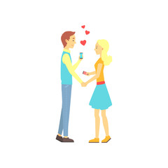 Fototapeta na wymiar Young boy and girl found their love with dating mobile app. Online date service or website concept for promo. Vector illustration