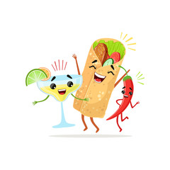 Funny cartoon characters of red pepper, cocktail and burrito having fun together. Food and drink vector in flat design