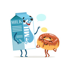 Milk packing and cute donut in chocolate icing with blank speech bubbles. Comic food and drink characters. Flat vector illustration