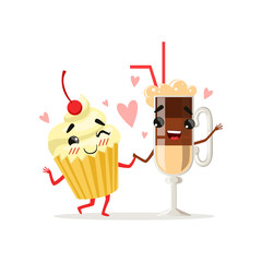 Coffee latte and cupcake with cherry on top. Cute food and drink characters in love. Cartoon vector illustration in flat style
