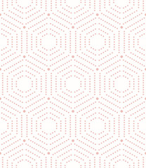 Geometric repeating vector ornament with hexagonal dotted elements. Geometric modern ornament. Seamless abstract modern pink pattern