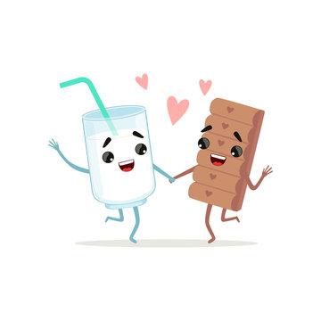 Glass of milk and chocolate bar dancing holding by hands. Sweet couple. Cute flat vector design for card, network sticker, print, logo or badge
