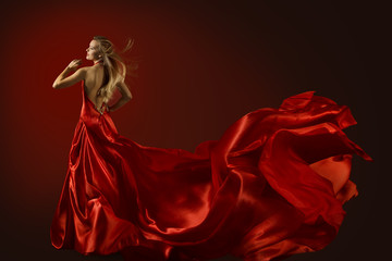 Fashion Model Dance in Red Dress, Dancing Beautiful Woman, Flying Fluttering Fabric, Happy Girl...