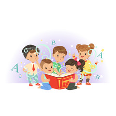 Adorable preschool kids, boys and girls reading educational magic book. Happy and interesting childhood. Isolated flat vector illustration