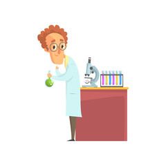 Scientist in white coat conducting experiments with liquids. Medical laboratory equipment test tubes and microscope on the table. Isolated flat vector