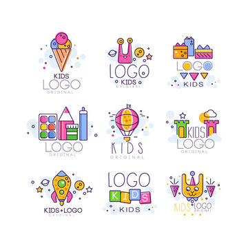 Creative colorful kids logo set in line style. Ice cream, alien, gifts, air balloon, castle, rocket, cubes, bunny, paint and pencil