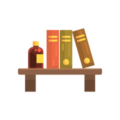 Wooden shelf in laboratory with science literature books and glass bottle with liquid. Cartoon flat vector design icon