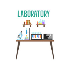 Modern laboratory workplace. Equipment for scientific experiments and research microscope, test tubes, spirit lamp, laptop. Books and glassware with liquids on shelves. Isolated flat vector