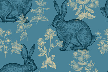 Obraz premium Seamless pattern with animals and flowers.