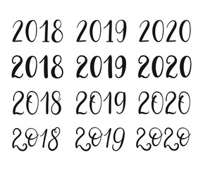2018, 2019, 2020 years hand lettering set for greeting cards. Vector winter holiday calendar date text.