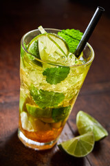 Iced lime cocktail with fresh mint leaves
