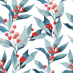 Seamless watercolor realistic pattern with holly leaves and berries. - 182539959
