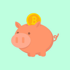 Cryptocurrency Bitcoin. The gold coin is placed in a piggy bank. Vector icon. Buy and sell virtual money.