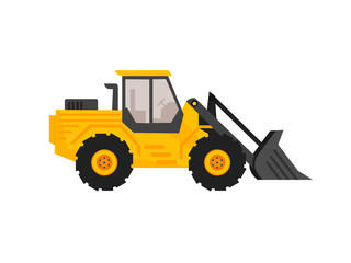 Obraz na płótnie Canvas end loader vehicle flat cartoon style. bulldozer quarry machine. stone wheel yellow digger. backhoe front loader truck. work tractor excavator. vector illustration.