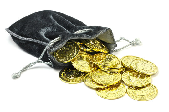 Gold Coins In A Velvet Pouch On White Background.