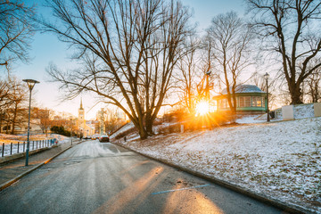Tallinn, Estonia. View Of Church Of St. John Jaani Kirik From Harjumagi Park. Morning Sunrise Time....