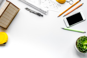 profession concept with architect desk and tools white backgroun