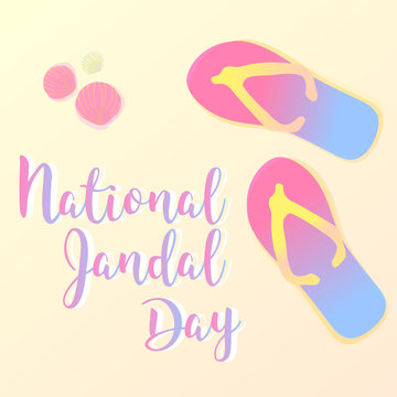 Vector greeting card National Jandal Day. Sandals on the beach, seashells and sand. New Zealand.