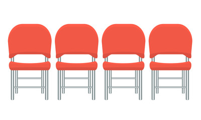 Group of red plastic chairs with flat and solid color design.