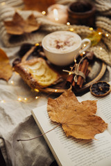Autumn leaf. Cozy fall background with hot coffee cup
