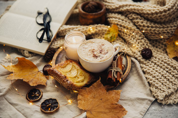  Autumn or Fall morning coffee concept. Cozy still life