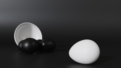 In the dark room there is light. White eggs that roll out the farthest. After the white ceramic cup is overturned. And there are many black eggs. The stack is near the ceramic cup that is overturned.