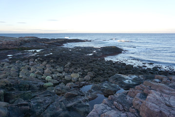 Fototapeta na wymiar Landscape of round shape rocks beach in Terriberka