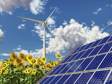 Solaranlage, Windkraftanlage und Sonnenblumen