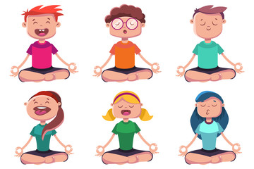 Meditation of young people engaged in yoga. Vector cartoon character set of man and woman sitting in lotus pose.