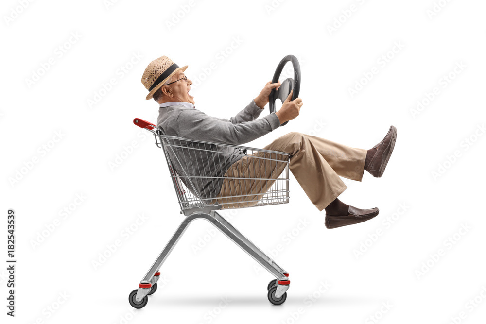 Sticker mature man with a steering wheel riding inside a shopping cart