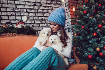 Beautiful woman with cute puppies sitting near Christmas tree. New Year.