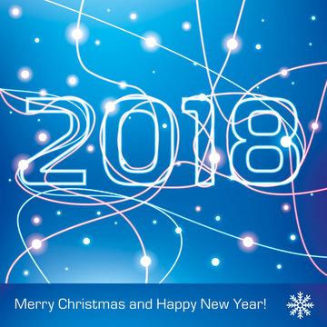 Merry Christmas and Happy New Year! 2018. Glowing neon lines on a blue background, holiday card for your business project, vector design art