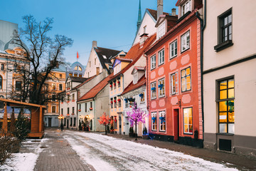 Riga, Latvia. Decorated Facades Of Old Houses On Meistaru Street
