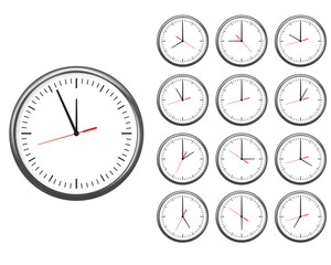 Wall office clock icon set. showing every hours.