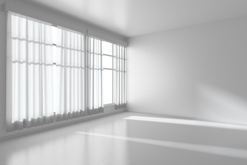 Fototapeta premium White empty room with flat walls, white floor and window diagonal view, 3D illustration