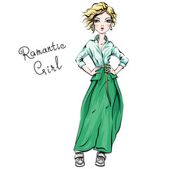 Vector beautiful fashion hipster girl top model in autumn clothes, boots, jacket and skirt