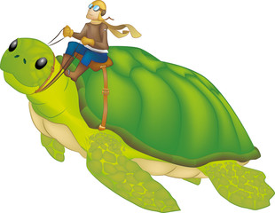 Tartaruga volante con pilota. Illustrazione fantasy vettoriale © Airmatti